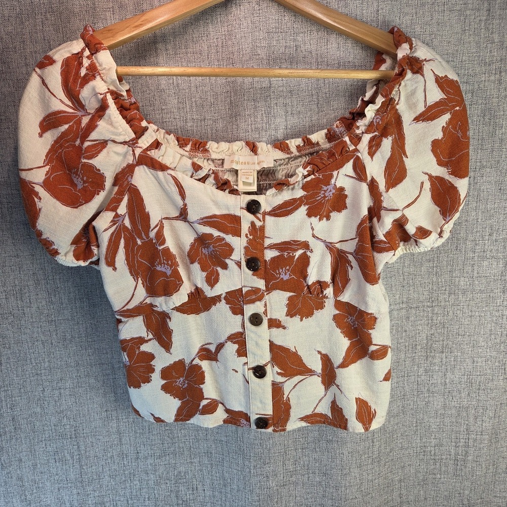 Monteau Red Floral Puff Sleeve Cropped Blouse Boho Beach Linen Blend Size M